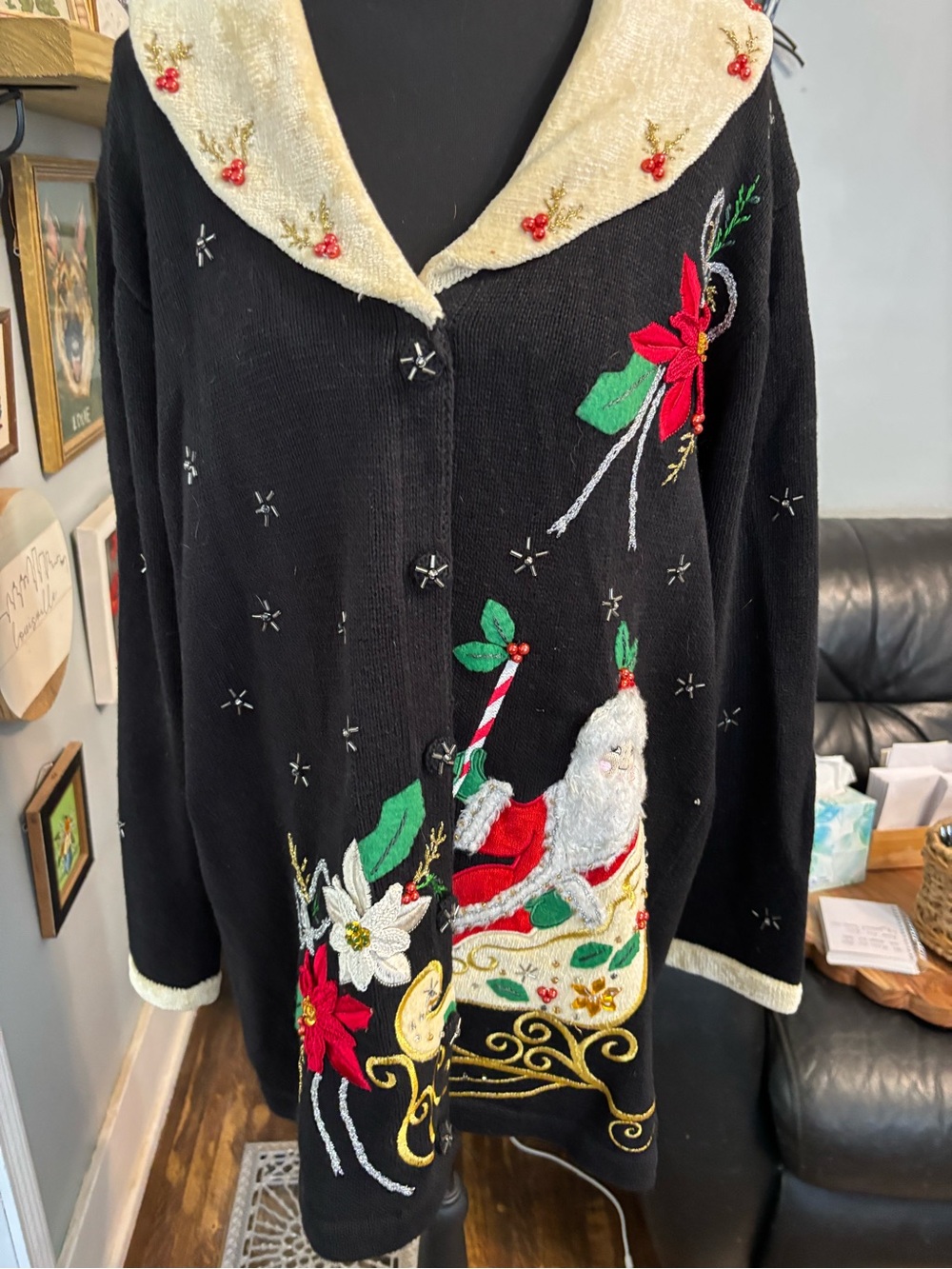 Vtg storybook knits cardigan sweater womens L Santa poinsettia sleigh adorned